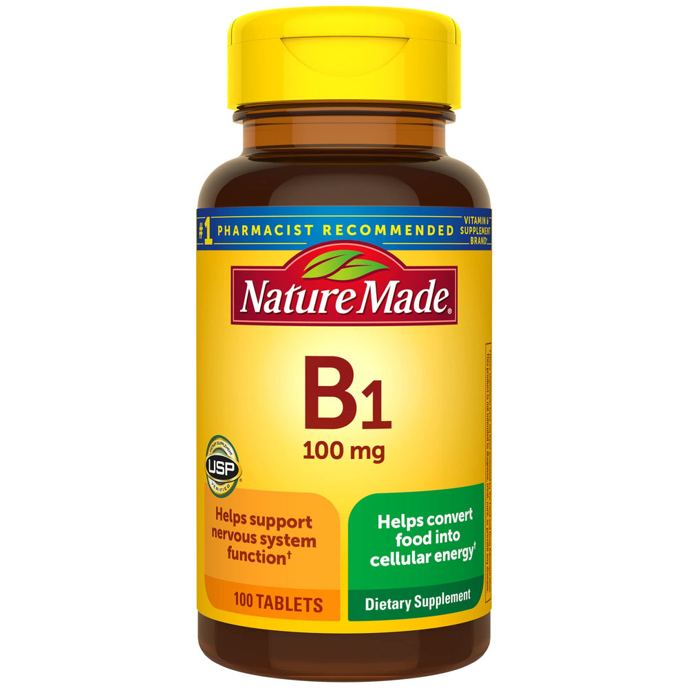 Nature Made Vitamin B1 100mg tablets bottle showing daily energy metabolism support.