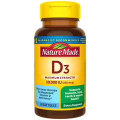 Nature Made Vitamin D3 10000 IU softgel bottle for daily bone and immune support.