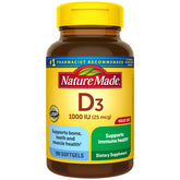 Nature Made Vitamin D3 bottle with softgels supporting bone and immune health.