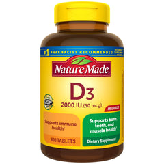 Nature Made Vitamin D3 2000 IU tablet bottle, daily bone and immune support
