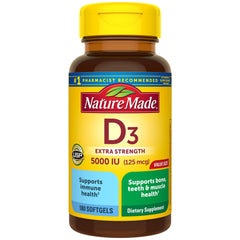Nature Made Vitamin D3 5000 IU softgels bottle front; supports daily bone and immune health.