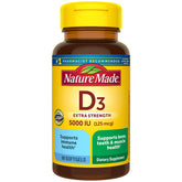 Nature Made Vitamin D3 5000 IU softgels bottle shown for daily immune and bone support.
