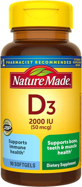 Nature Made Vitamin D3 bottle pouring softgels for immune support.