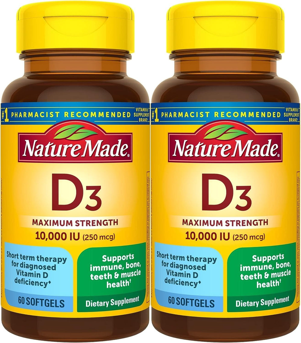 Nature Made Vitamin D3 softgel bottle showing maximum strength for bone and immune support