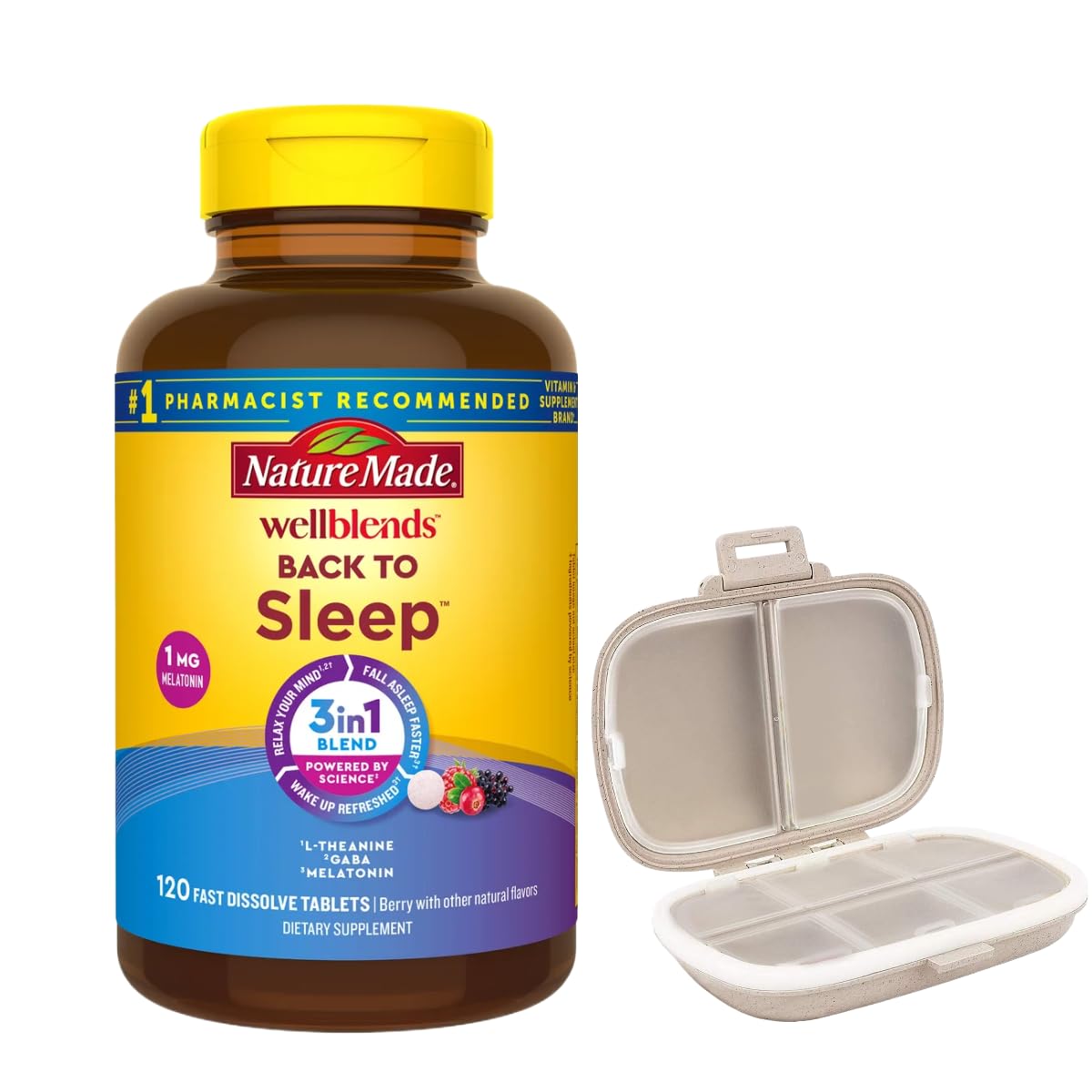 Nature Made Wellblends Back to Sleep bottle with fast-dissolve tablets for easy bedtime