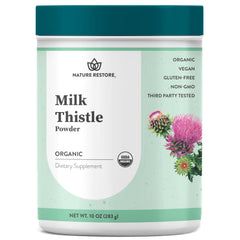 Nature Restore Milk Thistle Seed Powder jar shows certified organic packaging for everyday use.