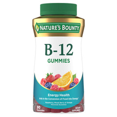 Nature's Bounty B12 gummies bottle on counter with daily energy support