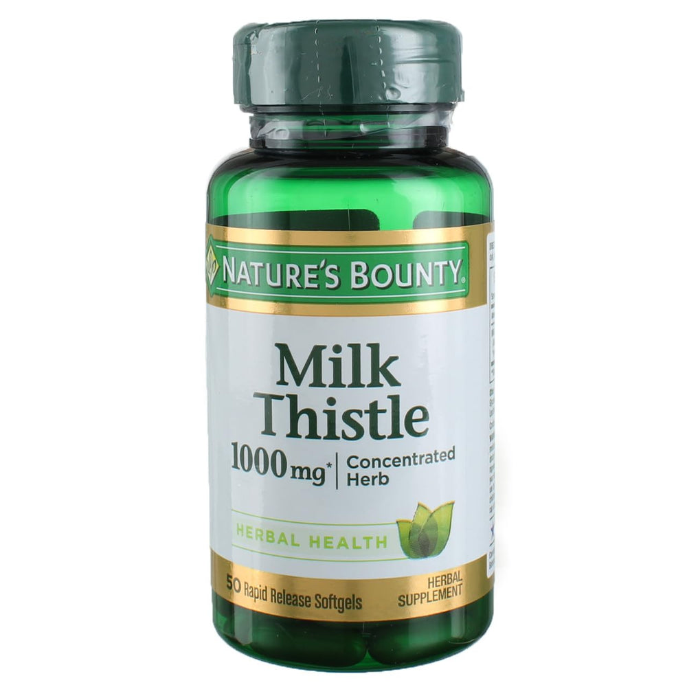 Nature's Bounty Milk Thistle 1000 mg softgels in bottle for daily supplementation.