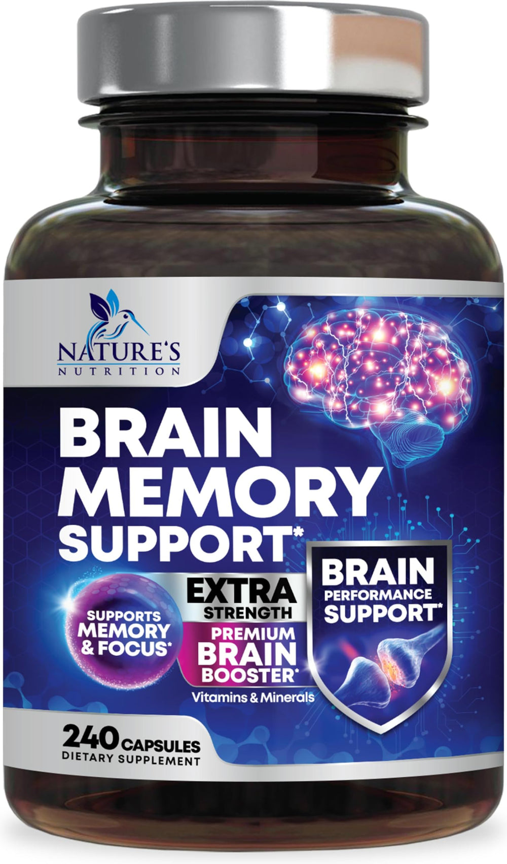 Nature's Nutrition Brain Memory bottle on desk for daily focus support