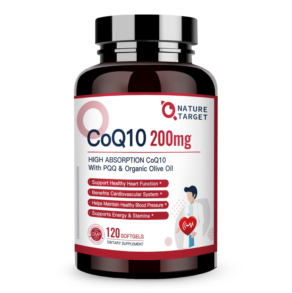 Nature Target CoQ10 200mg softgels with olive oil for enhanced absorption.