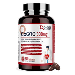 Nature Target CoQ10 olive oil softgels bottle shown, highlighting absorption benefits.
