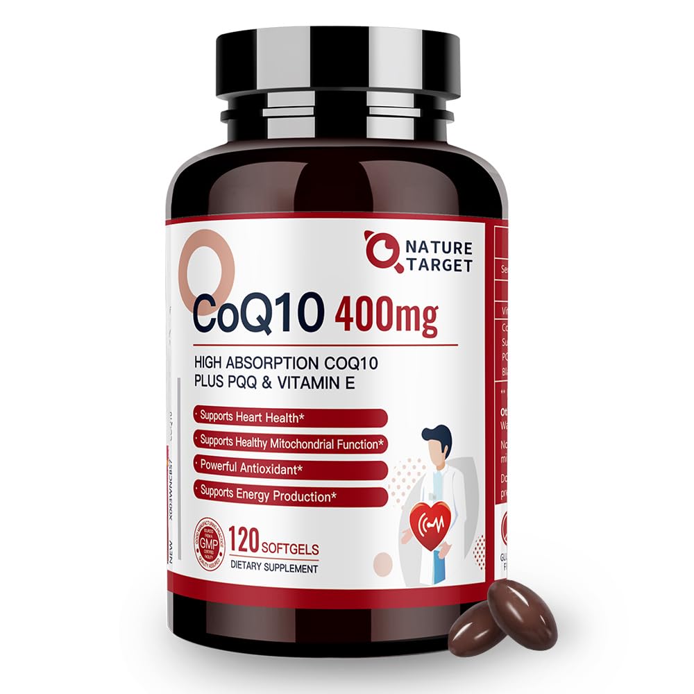 Nature Target CoQ10-400mg softgels bottle front for daily energy support.