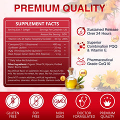 Close-up of CoQ10 ingredients including PQQ and olive oil.