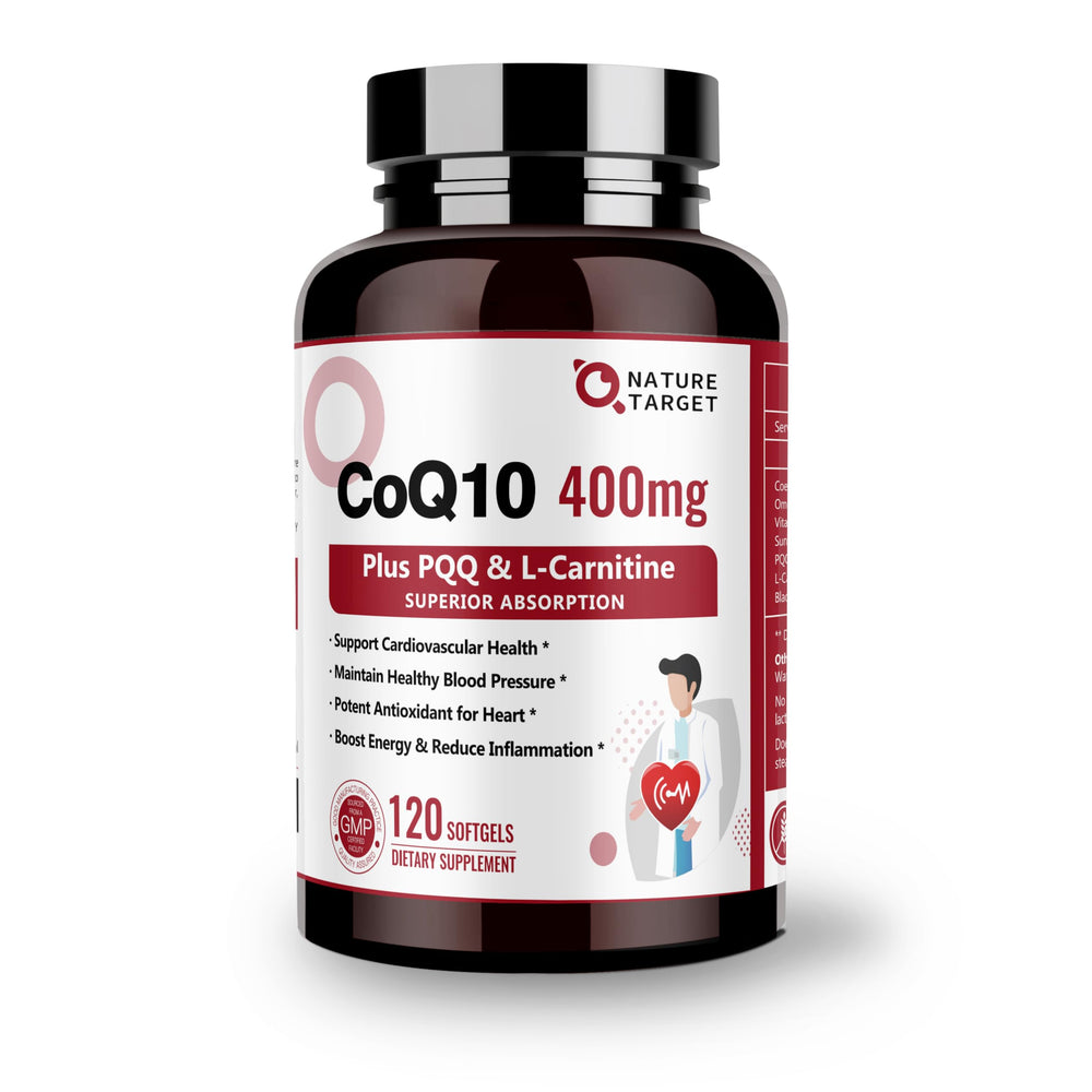 Nature Target CoQ10 400mg softgels bottle highlights energy support and antioxidant benefits.