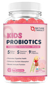 Nature Target Kids Probiotics bottle front with peach flavor, daily digestion support.