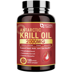 Nature Target Krill Oil bottle front highlighting omega-3 potency for heart and brain support