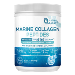 Nature Target Marine Collagen bottle on kitchen counter signaling skin support.