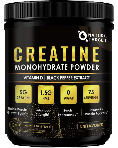 Nature Target micronized creatine monohydrate powder bottle highlights purity for workouts.
