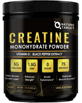 Nature Target micronized creatine monohydrate powder bottle highlights purity for workouts.