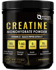 Nature Target micronized creatine monohydrate powder bottle highlights purity for workouts.