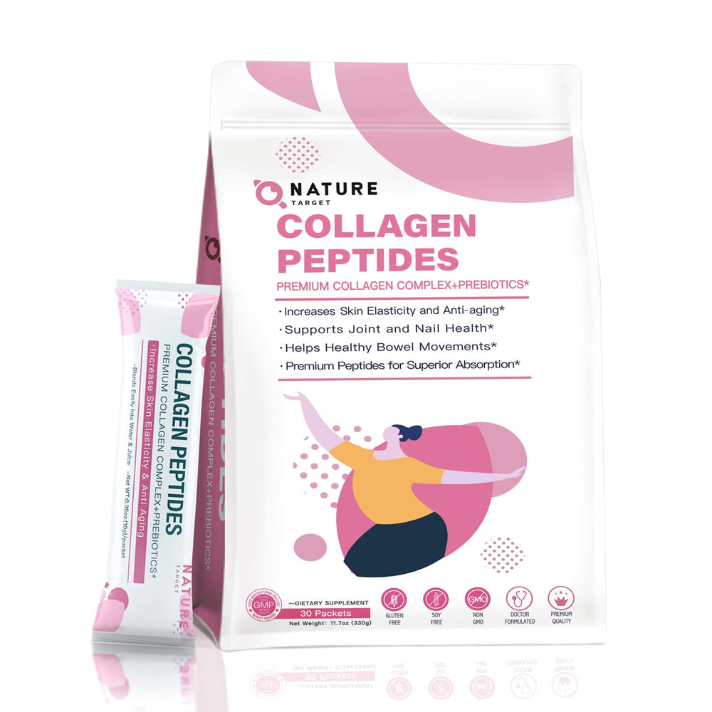 NATURE TARGET multi collagen powder bottle highlighting enhanced absorption for skin and joints.