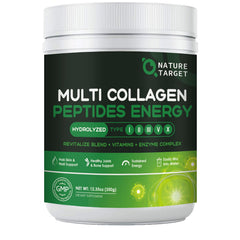 Nature Target Multi-Collagen-Peptides Powder bottle highlights energy support and skin benefits.