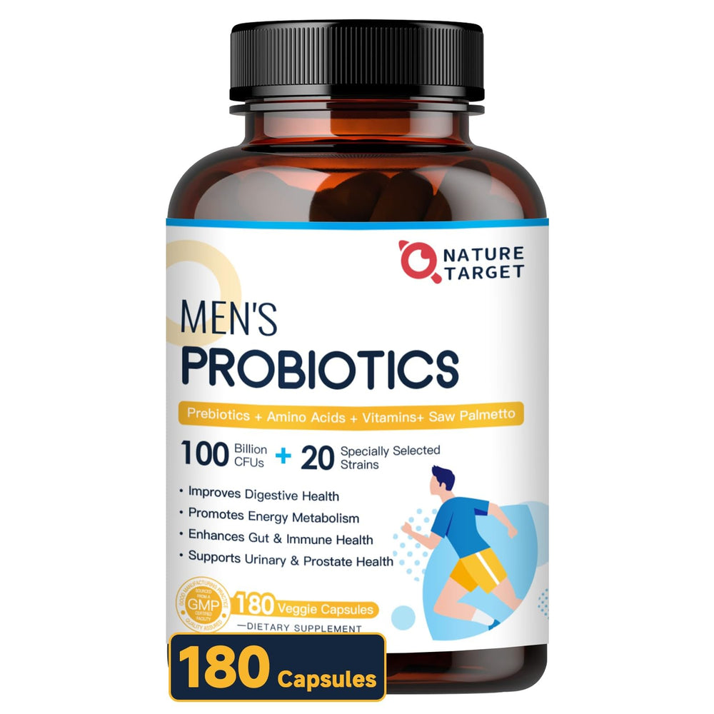 Nature Target Probiotics for Men bottle supports daily gut comfort.