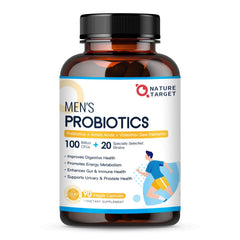 Nature Target Probiotics for Men bottle shows a shelf-stable gut health starter.