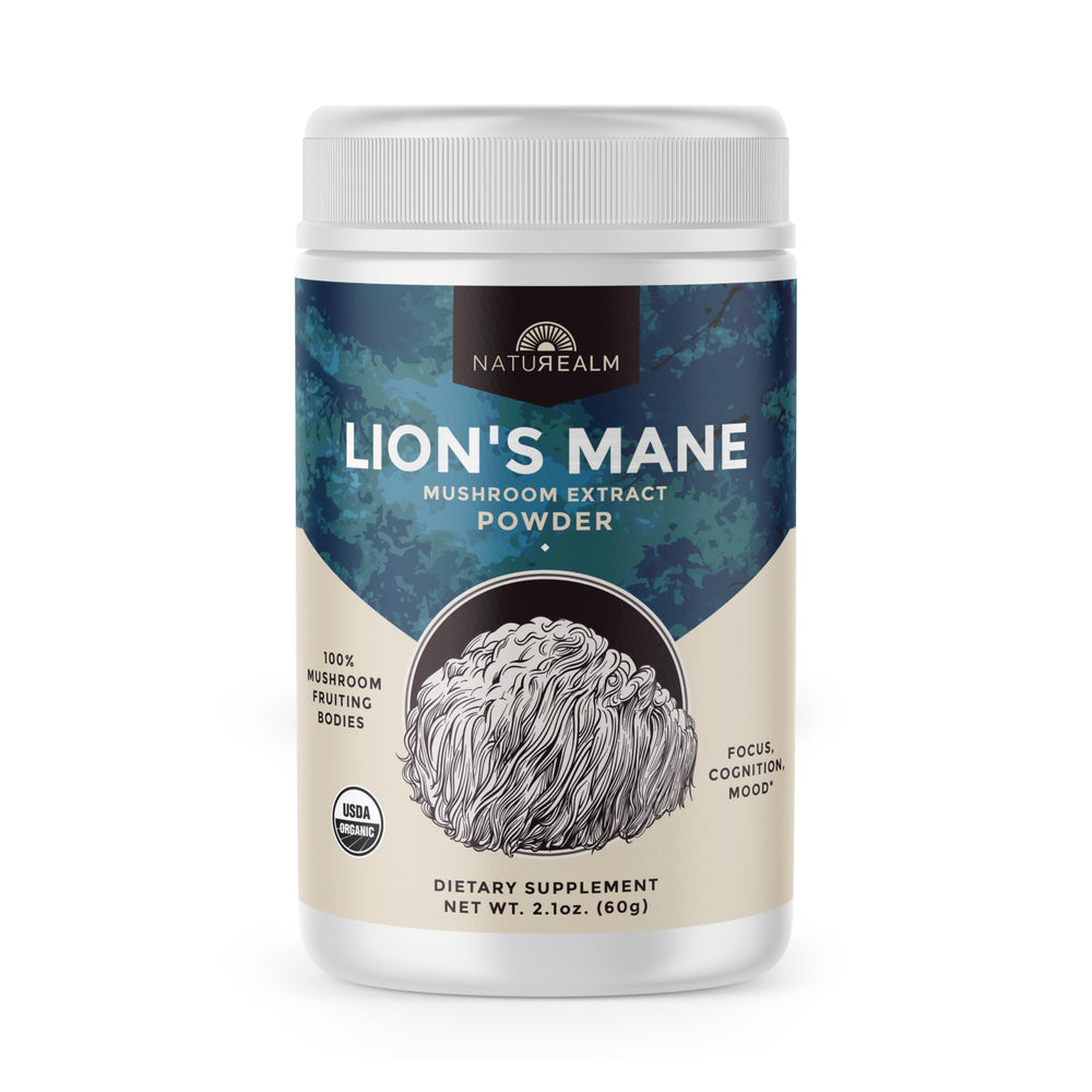 Naturealm Lion’s Mane powder bottle shows pure organic extract for focused mornings