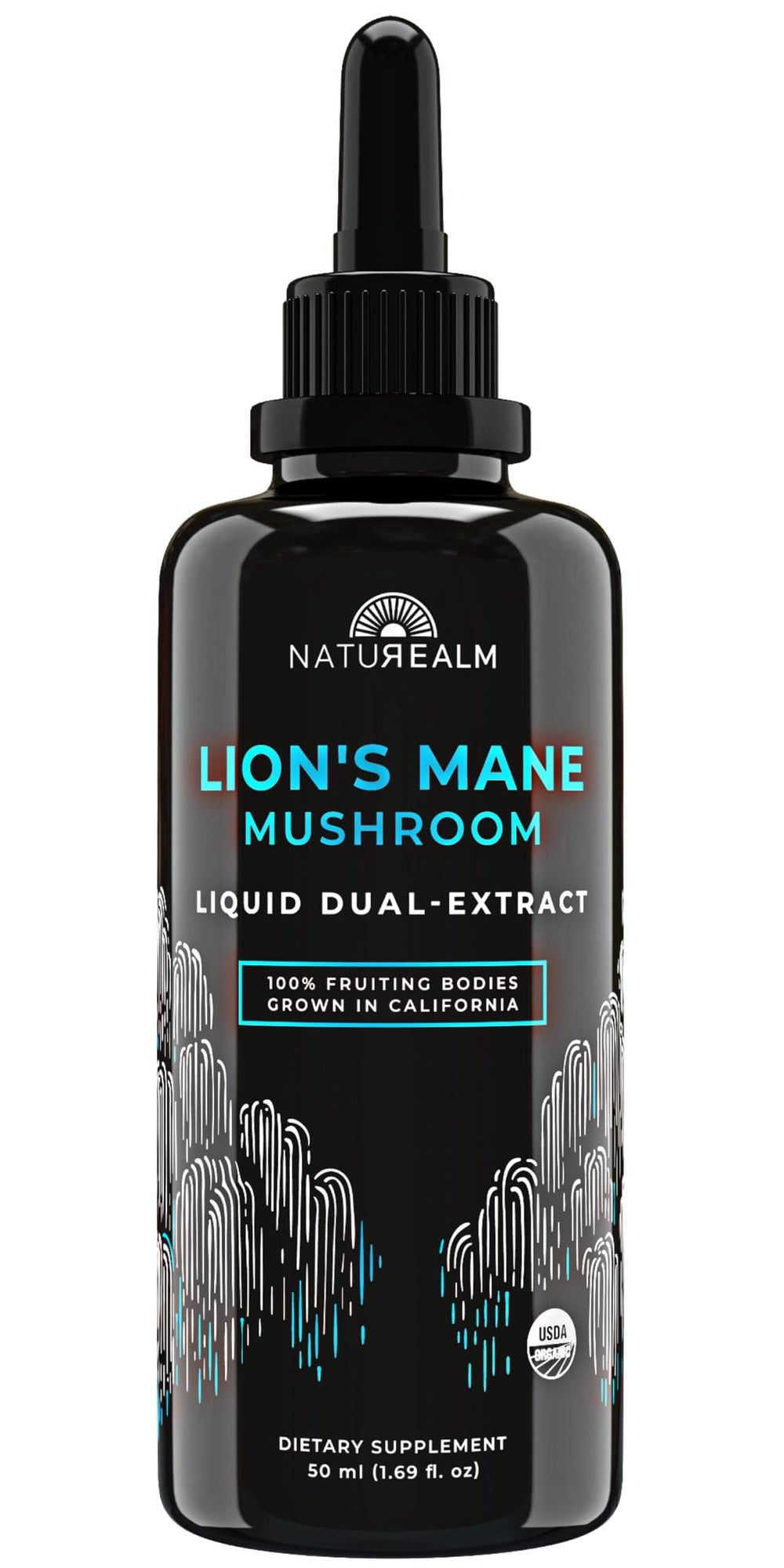 Naturealm Lion's Mane tincture bottle highlighting organic vegan formula for cognitive support