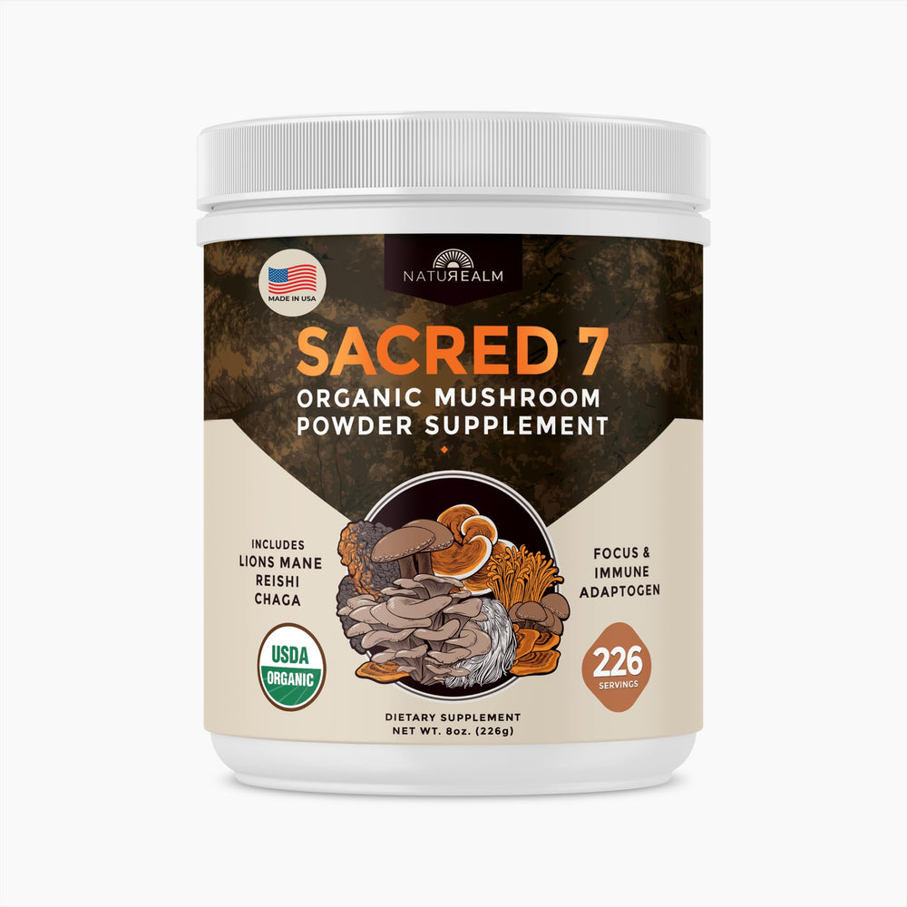 Naturealm Sacred 7 Mushroom Powder bottle highlighting organic blend for clean energy