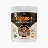 Naturealm Sacred 7 Mushroom Powder bottle highlighting organic blend for clean energy
