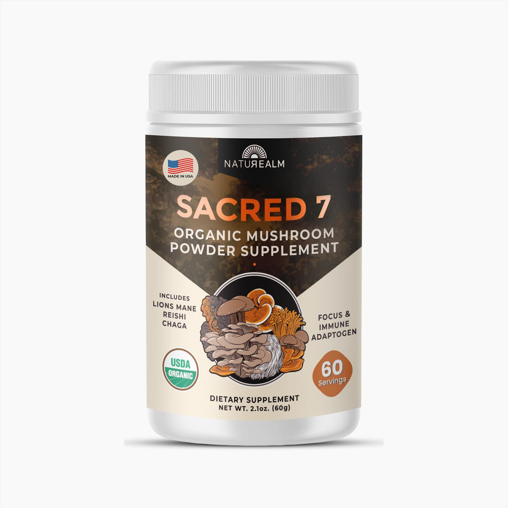 Naturealm Sacred 7 Mushroom Powder bottle on a clean surface supports immune wellness and focus.