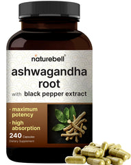 NatureBell Ashwagandha with Black Pepper bottle enhances absorption and relaxation.