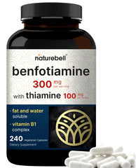 NatureBell Benfotiamine bottle shows the two-in-one B1 formula for daily balance.