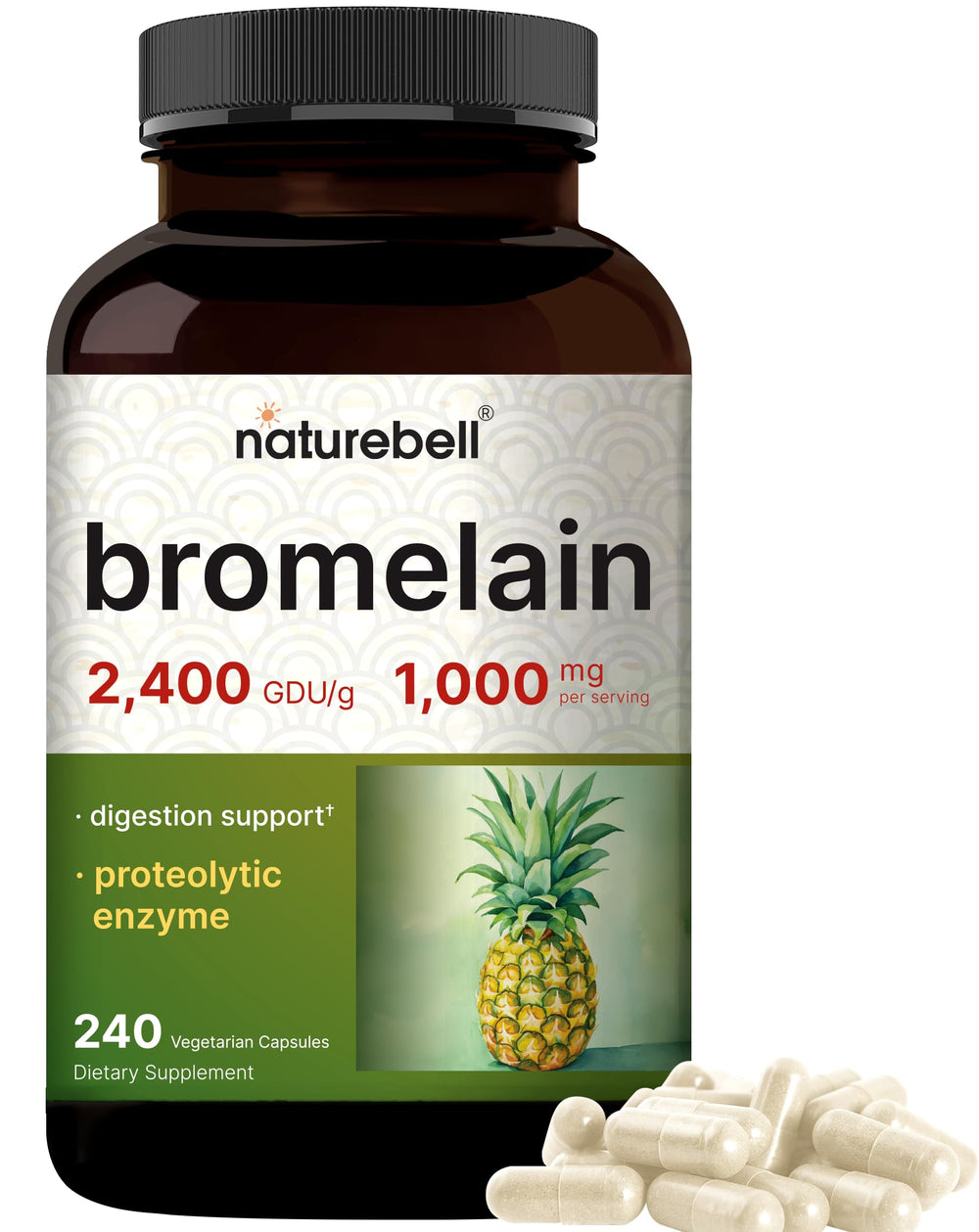 NatureBell Bromelain bottle front showing dosage label for digestive support.