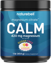NatureBell Calm Magnesium Powder tub showing lemon raspberry flavor and calming benefits