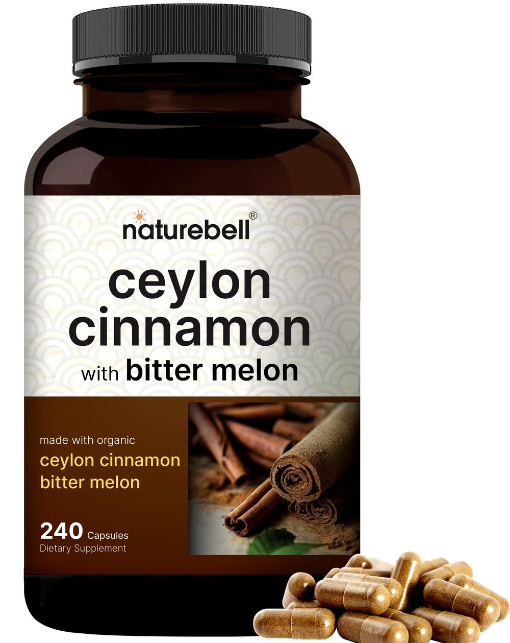 NatureBell Ceylon Cinnamon bottle showing organic capsule supply for daily use