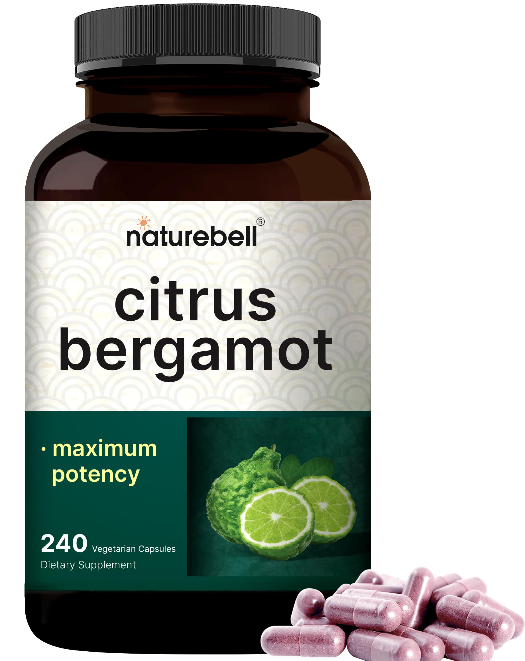 NatureBell Citrus Bergamot bottle front displaying 240 veggie capsules for daily antioxidant support.
