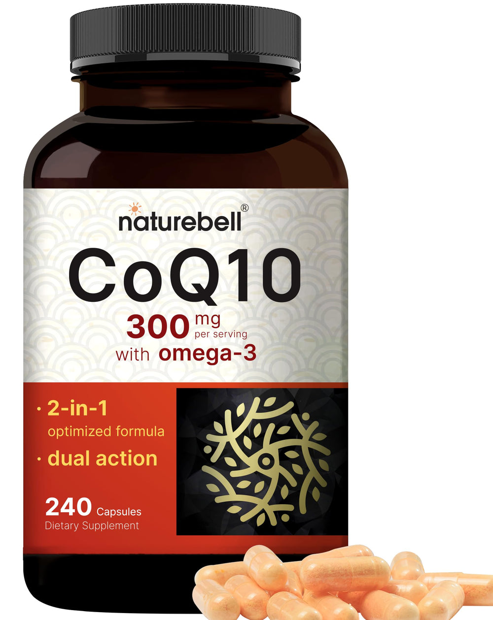 NatureBell CoQ10 300mg with Omega-3 bottle front for daily vitality.