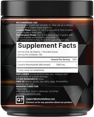 NatureBell creatine monohydrate label close-up highlighting 5000 mg per serving and servings.