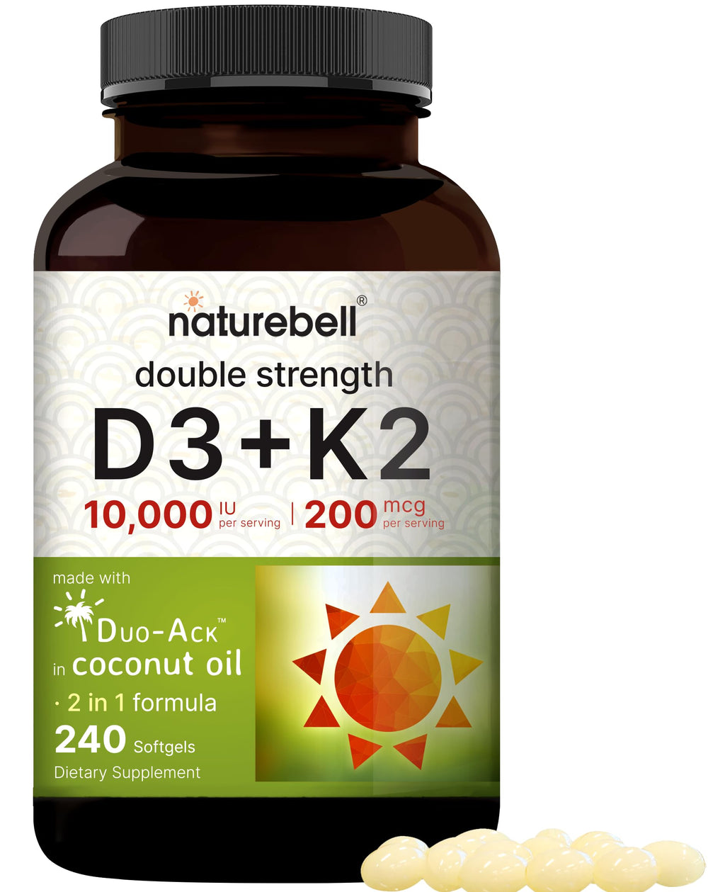 NatureBell D3K2 softgel bottle showcases a high-potency vitamin duo for bone and immune support.
