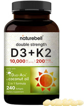 NatureBell D3K2 softgel bottle showcases a high-potency vitamin duo for bone and immune support.