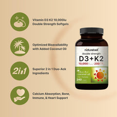 NatureBell D3K2 softgel closeup highlights vegan-friendly, non-GMO formula without common allergens.