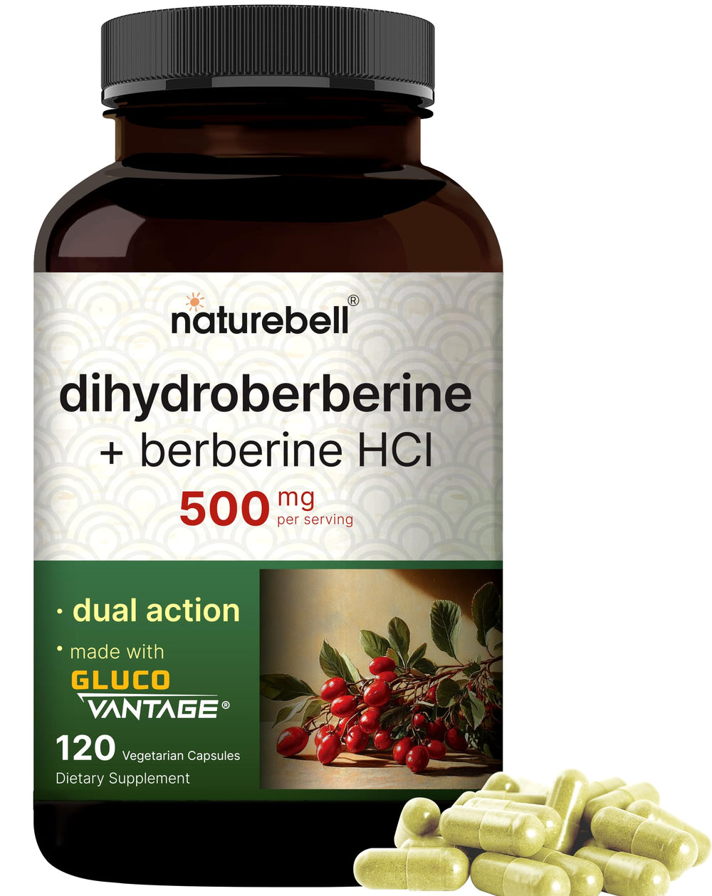NatureBell Dihydroberberine bottle close-up highlights capsule design and branding for trust