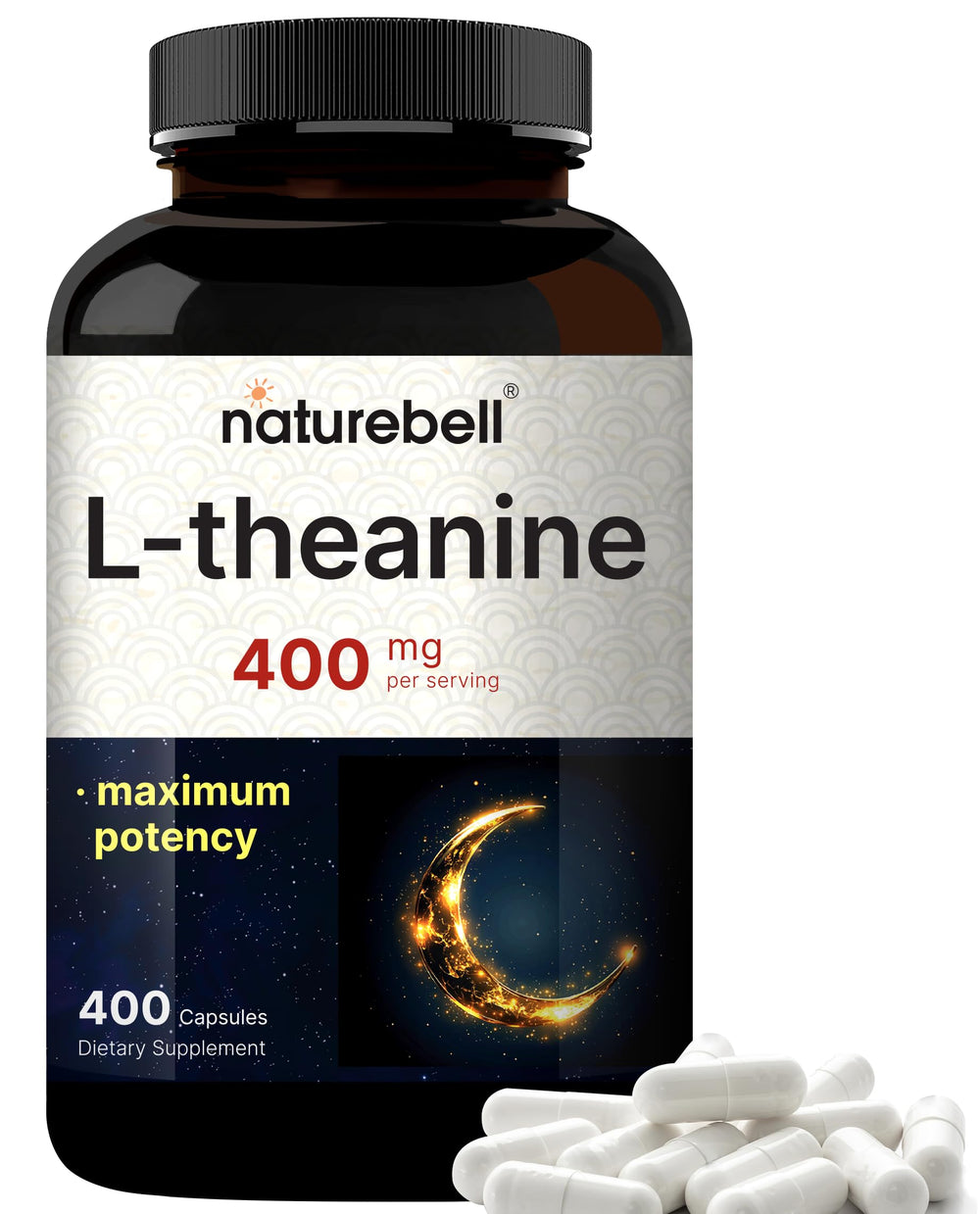 NatureBell Double Strength L-Theanine 400mg bottle front, promoting daily calm