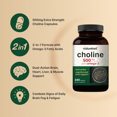 NatureBell dual-action bottle shows 2-in-1 choline and omega-3.