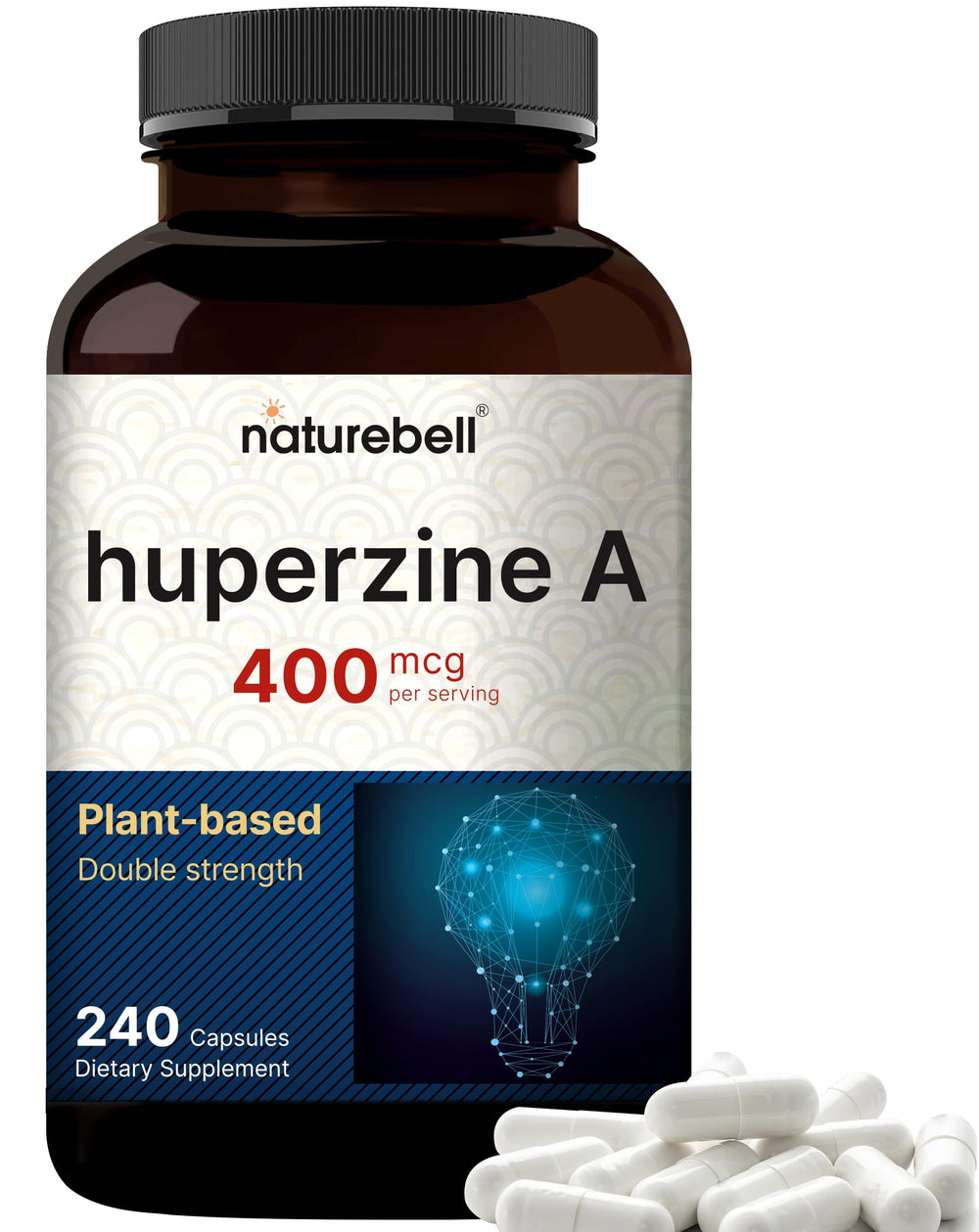 NatureBell Huperzine-A bottle front shows high-strength brain support capsules.