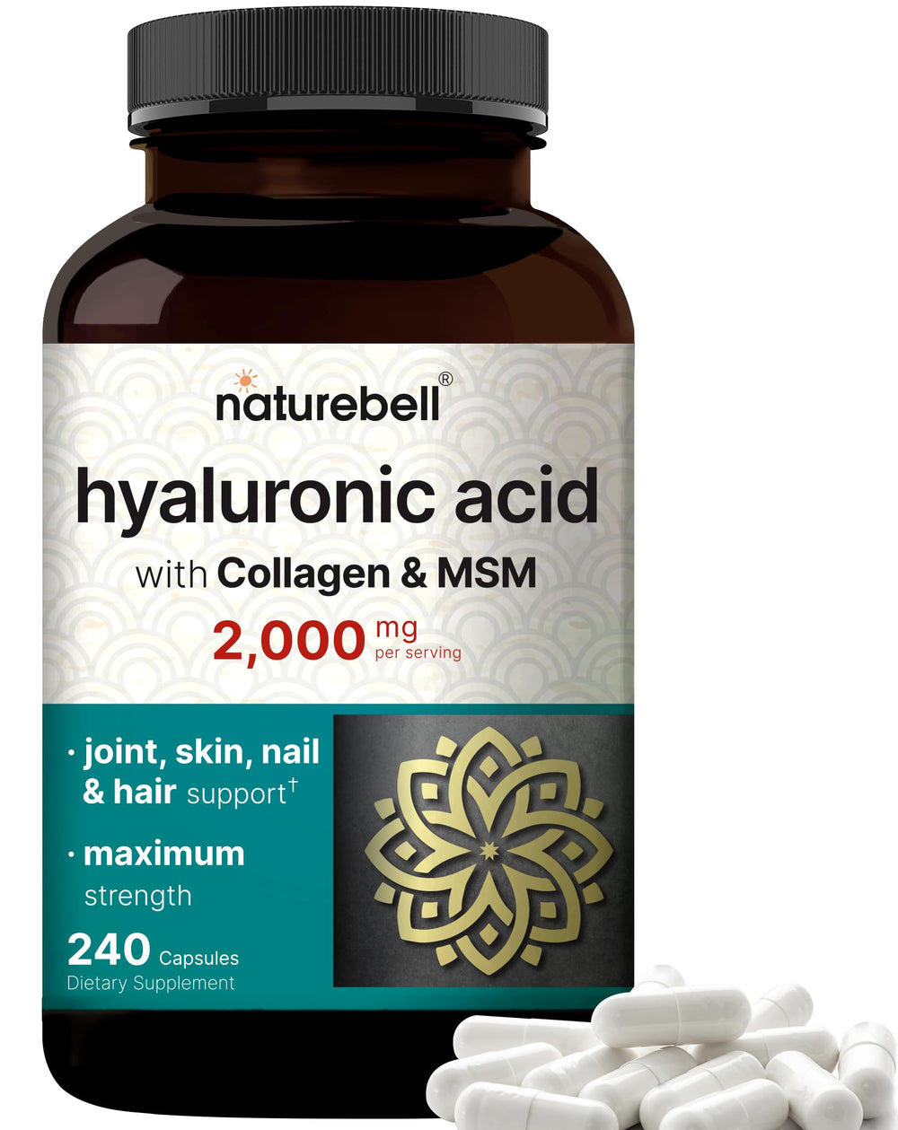 NatureBell hyaluronic acid supplements bottle shows 240 capsules for daily skin hydration.