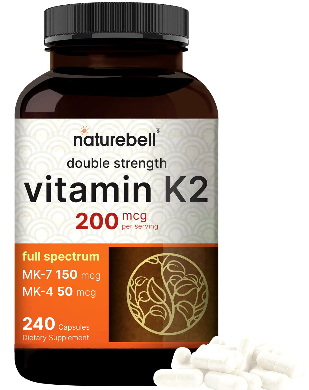NatureBell full spectrum K2 bottle shows MK4 MK7 for bone support.